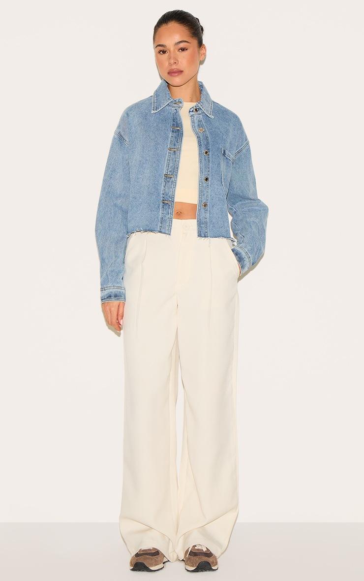 Pretty Little Thing Mid Blue Wash Raw Hem Cropped Denim Shirt