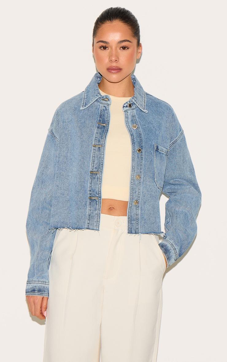Pretty Little Thing Mid Blue Wash Raw Hem Cropped Denim Shirt