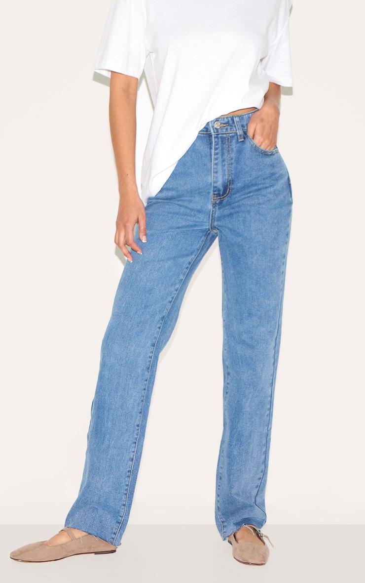 Pretty Little Thing Mid Blue Wash Raw Hem Straight Leg Jean