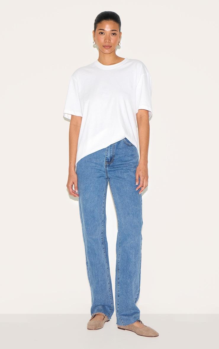 Pretty Little Thing Mid Blue Wash Raw Hem Straight Leg Jean