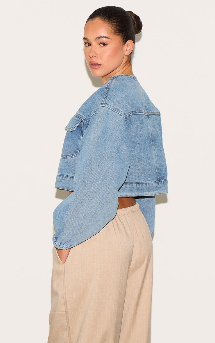 Pretty Little Thing Mid Blue Wash Round Neck Crop Denim Jacket