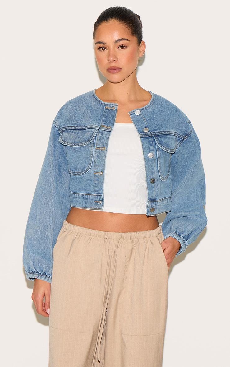 Pretty Little Thing Mid Blue Wash Round Neck Crop Denim Jacket