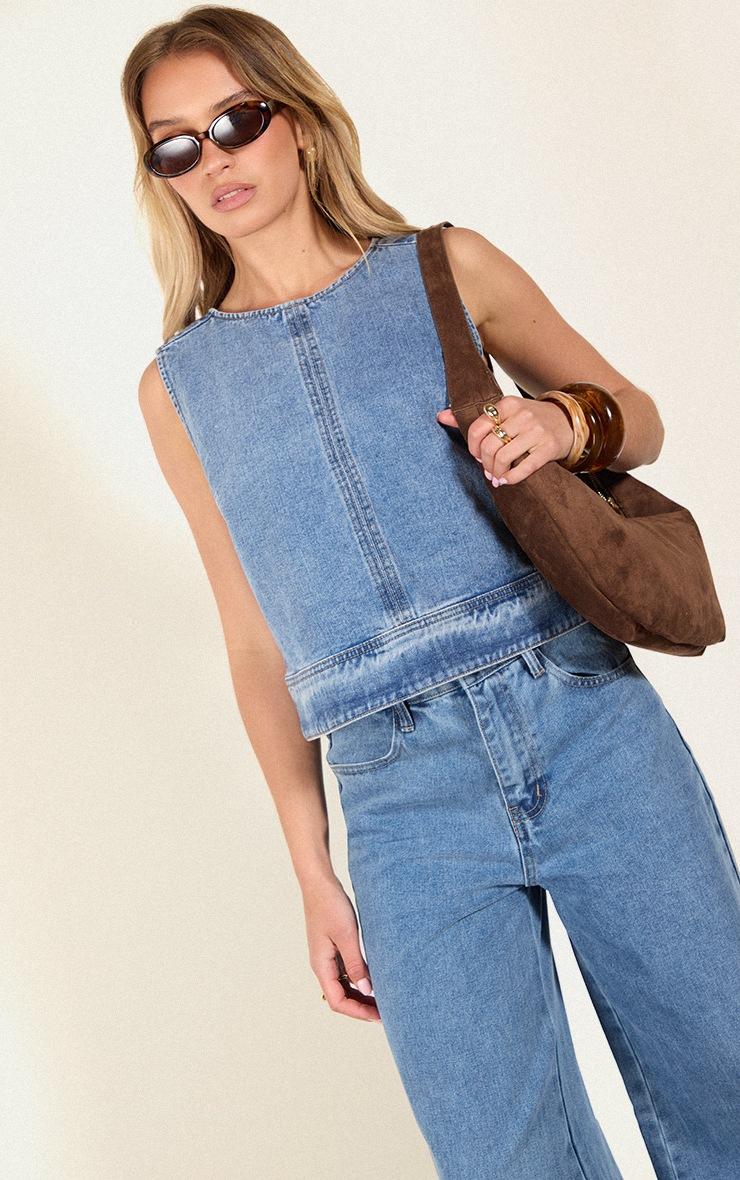 Pretty Little Thing Mid Blue Wash Round Neck Sleeveless Boxy Denim Top