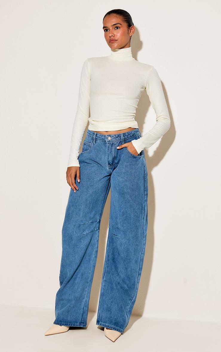 Pretty Little Thing Mid Blue Wash Seam Detail Barrel Jean