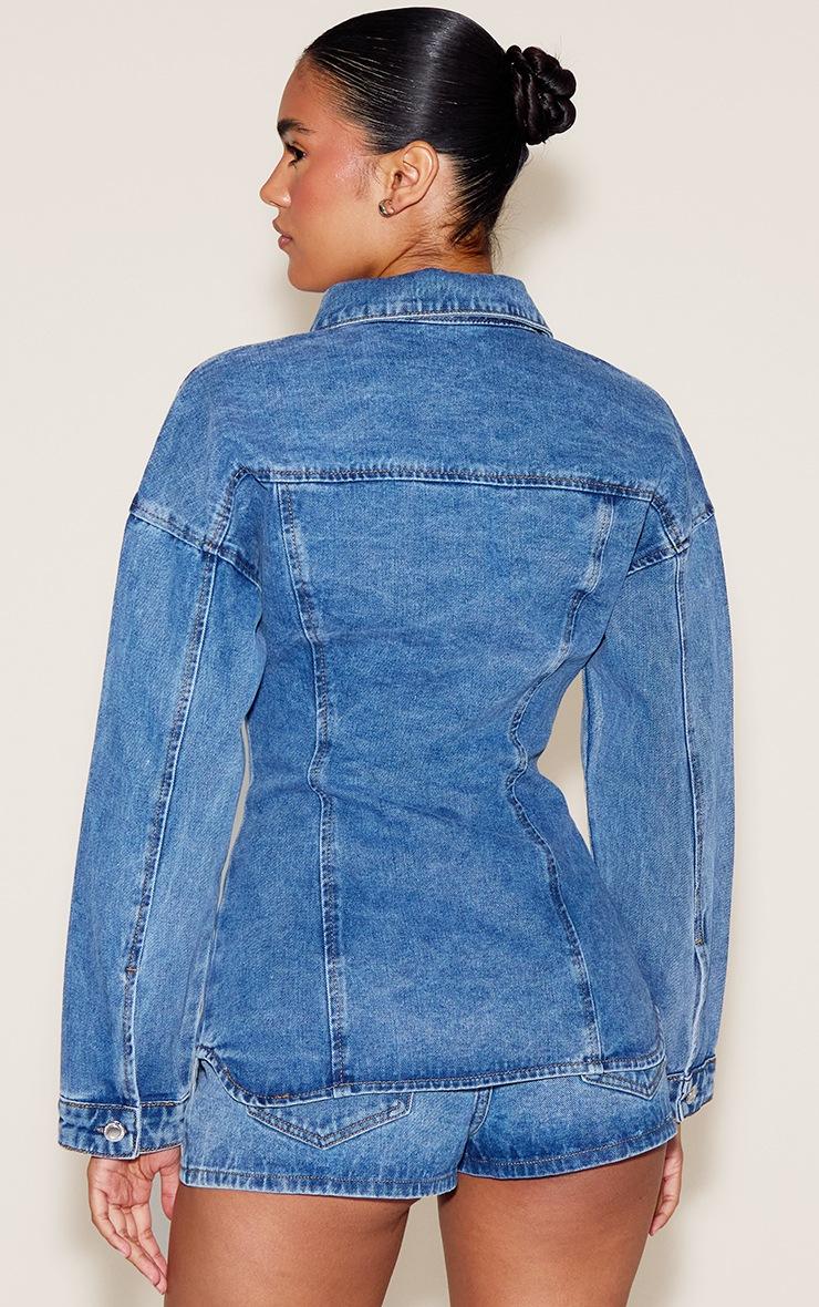 Pretty Little Thing Mid Blue Wash Seam Detail Cinch Waist Longline Shirt