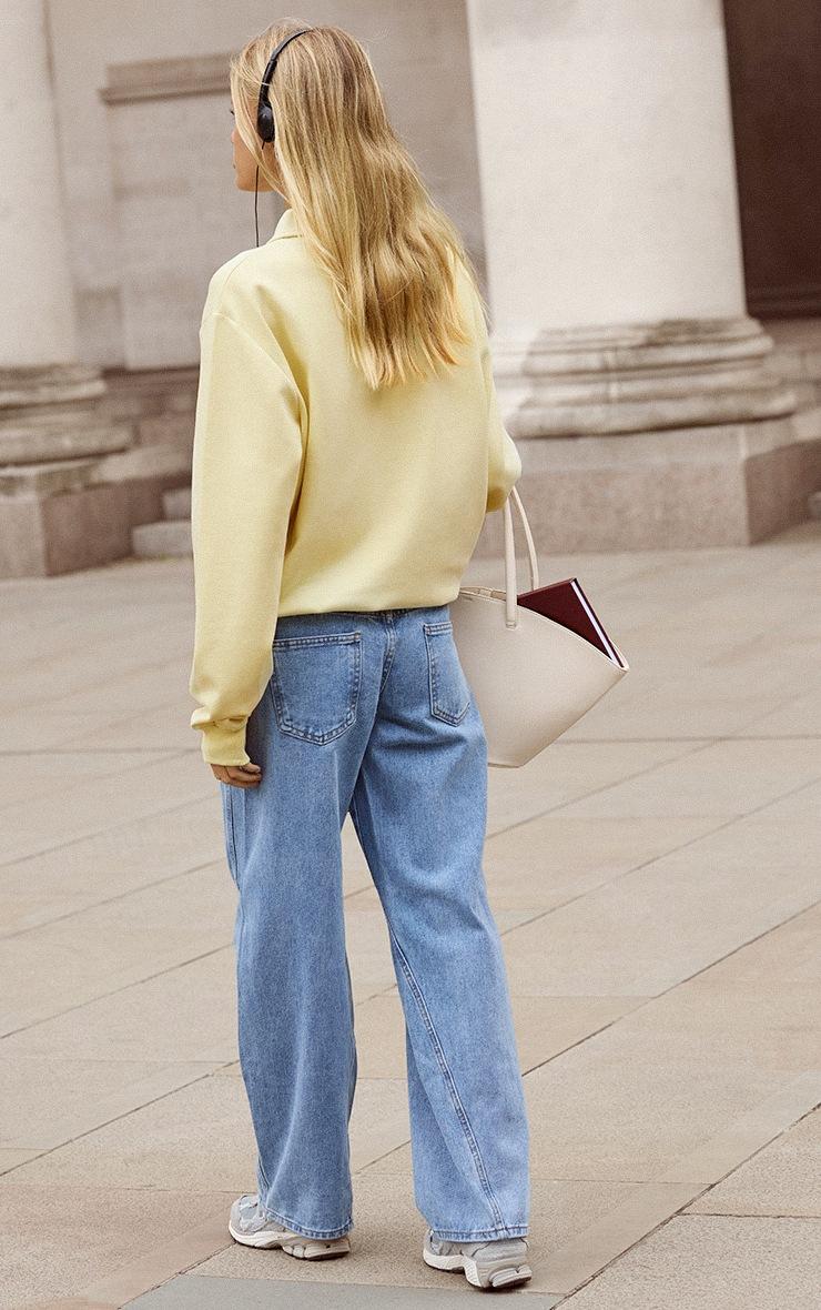 Pretty Little Thing Mid Blue Wash Seam Detail Relaxed Wide Leg Jeans