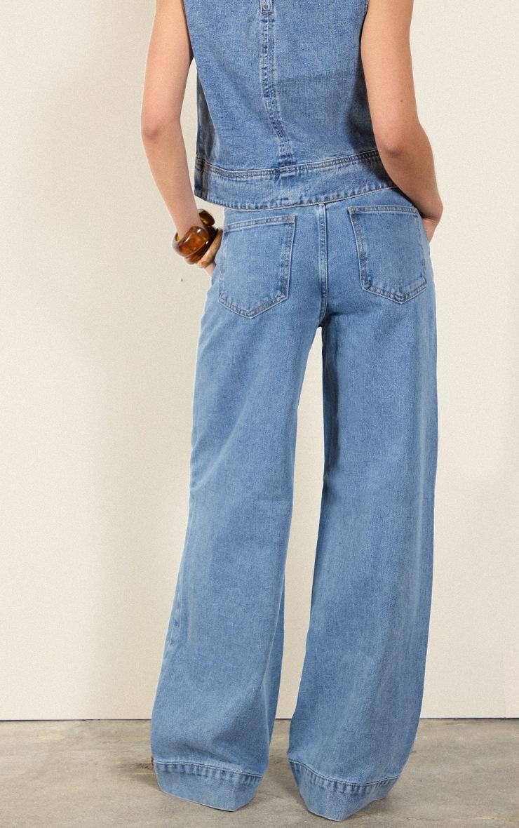 Pretty Little Thing Mid Blue Wash Seam Detail Wide Leg Jeans