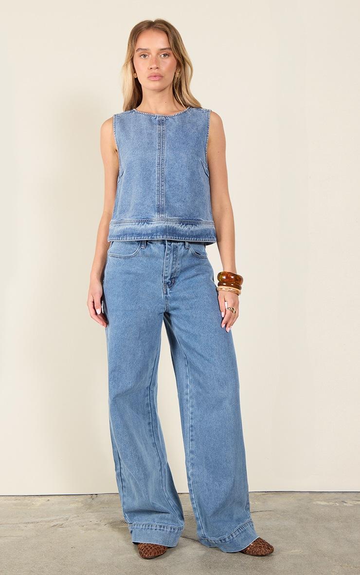 Pretty Little Thing Mid Blue Wash Seam Detail Wide Leg Jeans