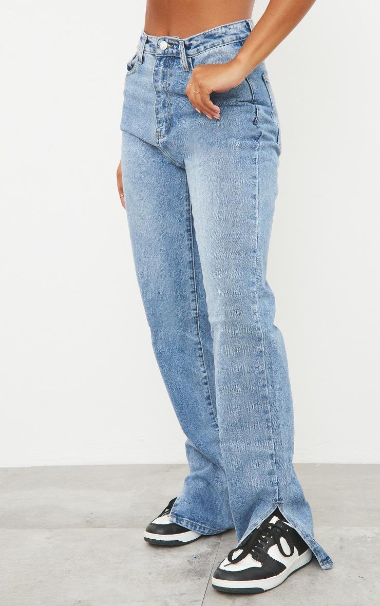 Pretty Little Thing Mid Blue Wash Split Hem Straight Leg Jeans