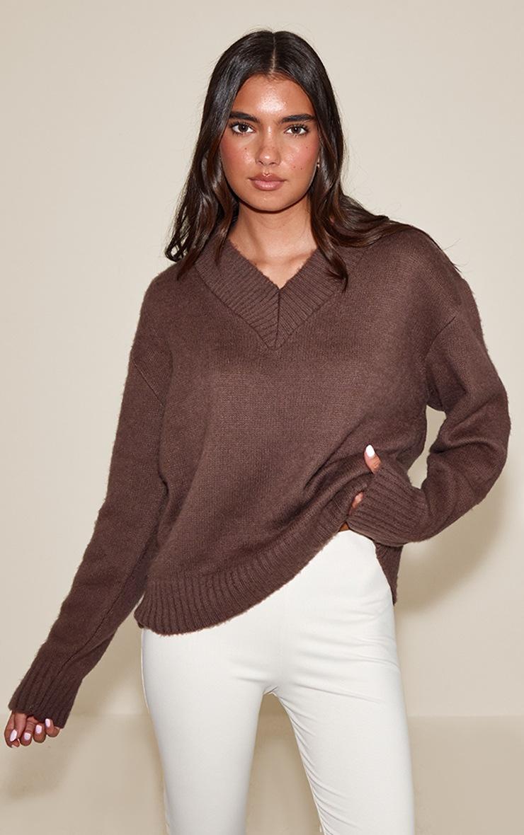 Pretty Little Thing Mink Brushed Laguna Knit V Neck Sweater