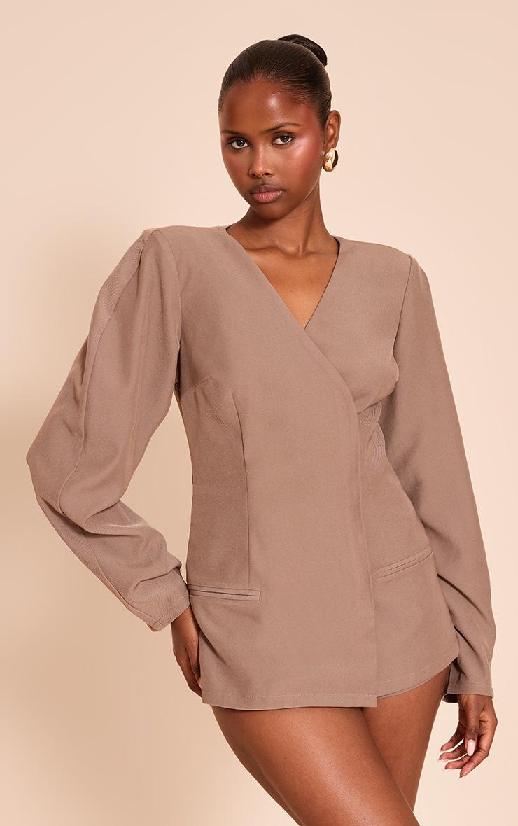 Pretty Little Thing Mocha Cross Front Cocoon Sleeve Tailored Romper