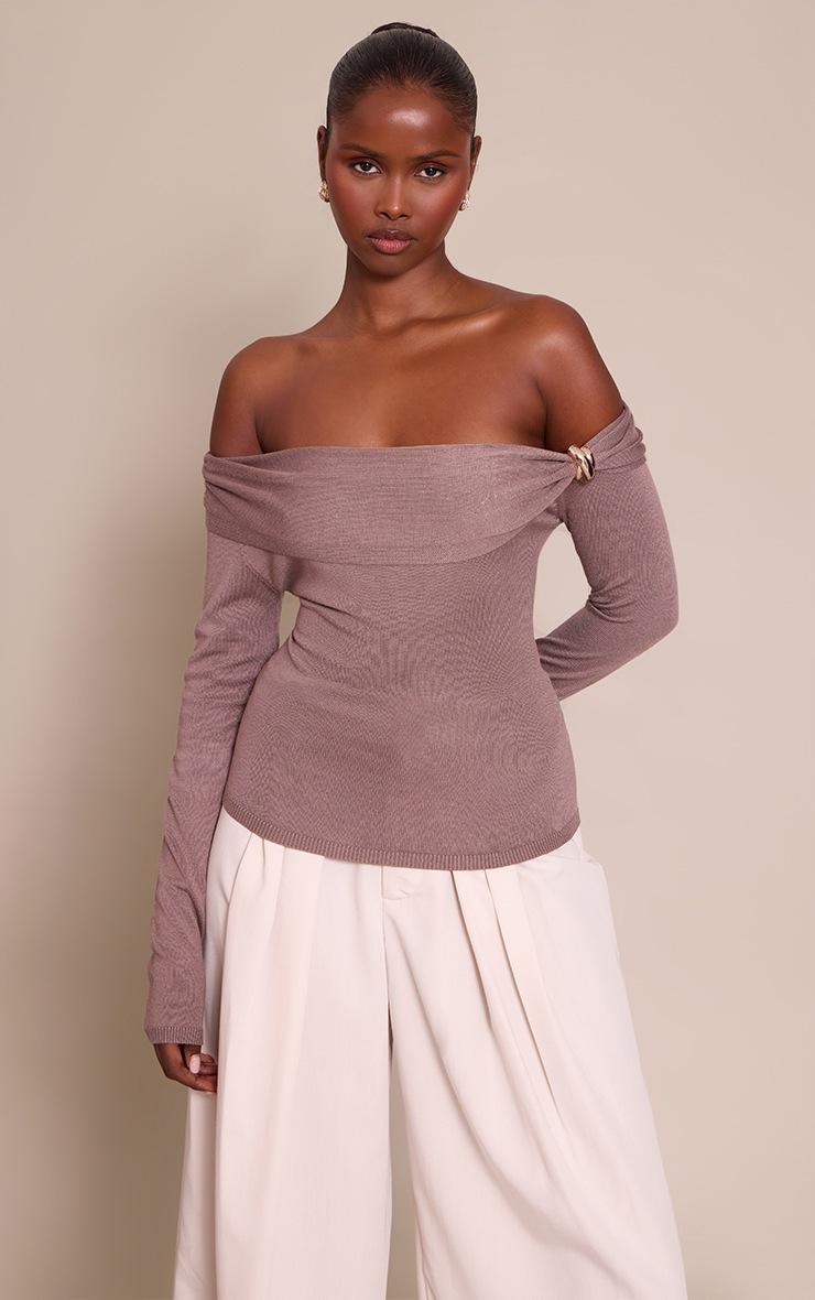Pretty Little Thing Mocha Long Sleeve Twist Shoulder Detail Knitted Top