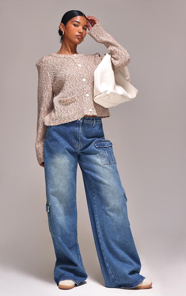 Pretty Little Thing Mocha Marl Textured Bobble Knit Button Up Pocket Detail Cardigan