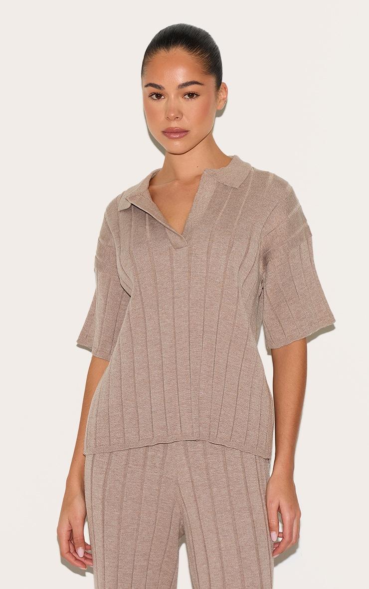 Pretty Little Thing Mocha Rib Knit Oversized Polo Top