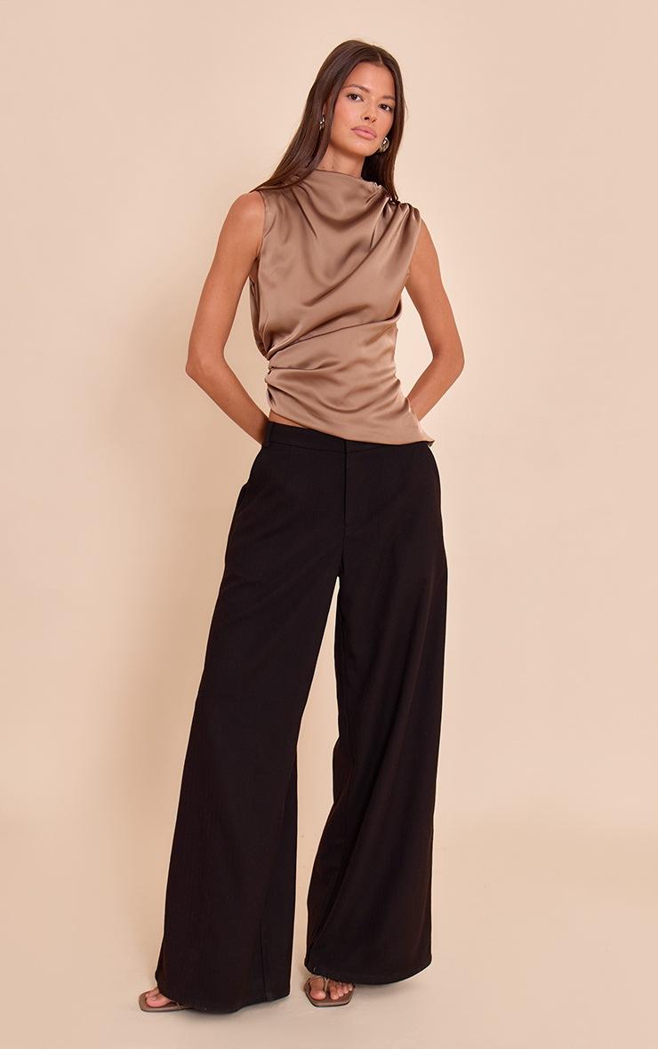 Pretty Little Thing Mocha Satin Ruched Side Shoulder Detail Long Top