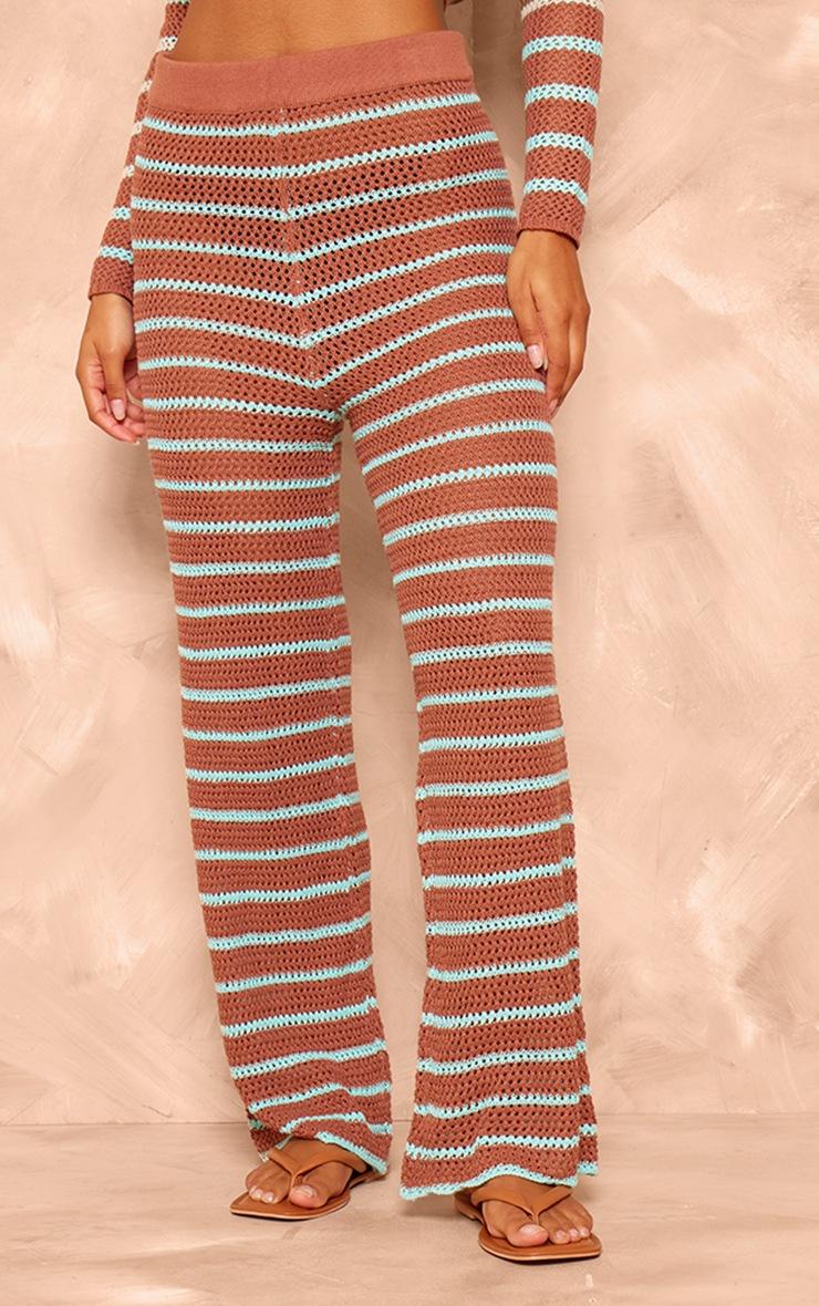 Pretty Little Thing Mocha Stripe Crochet Knit Wide Leg Pants