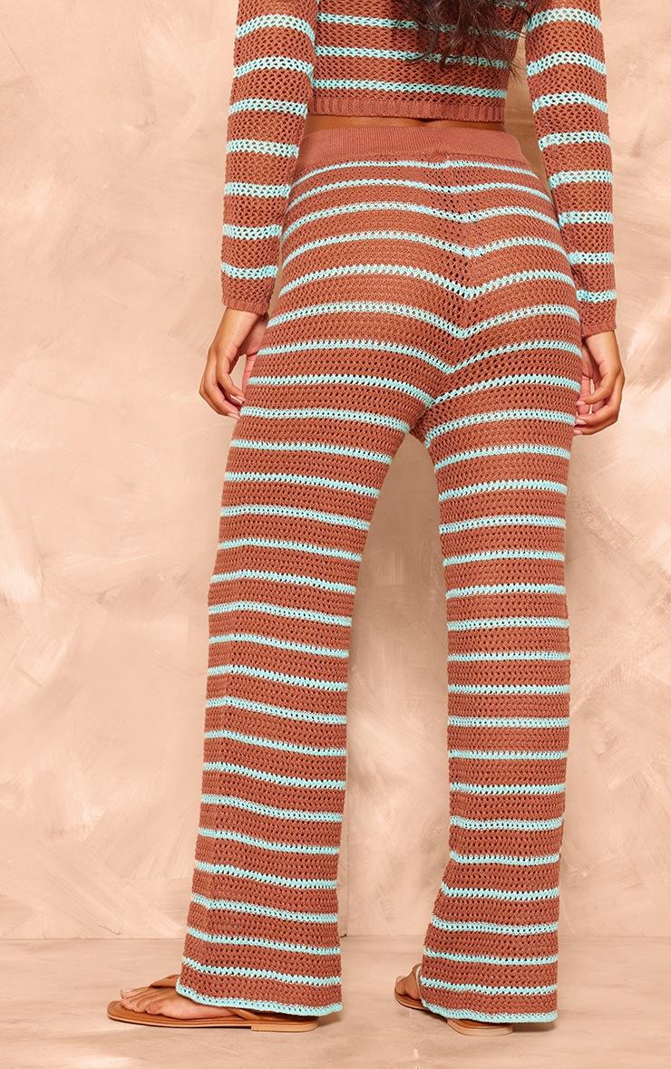 Pretty Little Thing Mocha Stripe Crochet Knit Wide Leg Pants