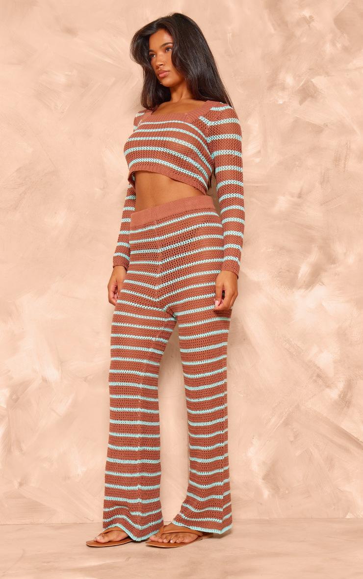 Pretty Little Thing Mocha Stripe Crochet Knit Wide Leg Pants