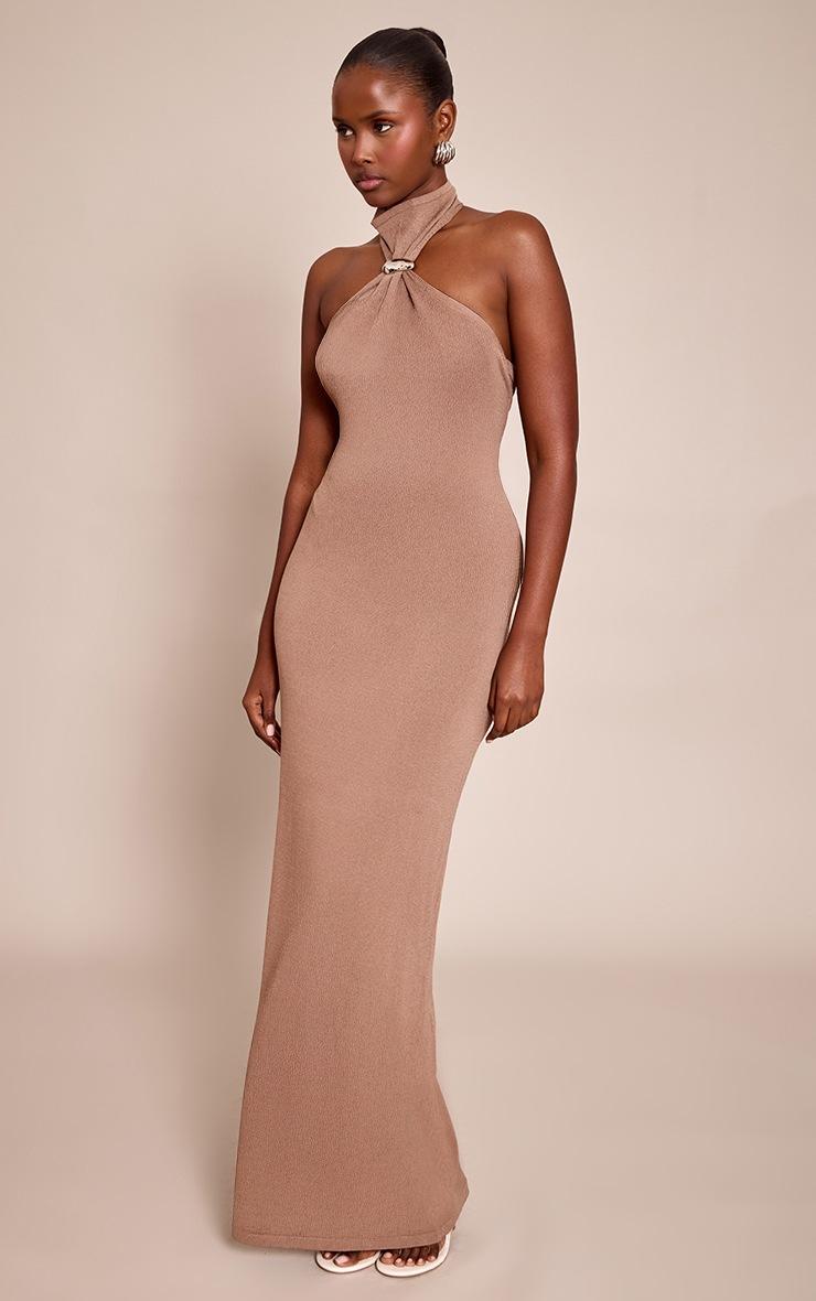 Pretty Little Thing Mocha Trim Halter Neck Knitted Maxi Dress