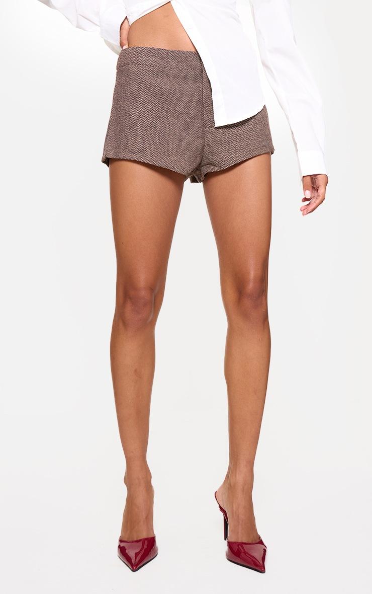 Pretty Little Thing Mocha Tweed Textured High Waist Woven Tailored Shorts