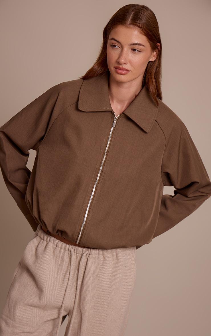 Pretty Little Thing Mocha Utility Style Draw Cord Bomber Jacket