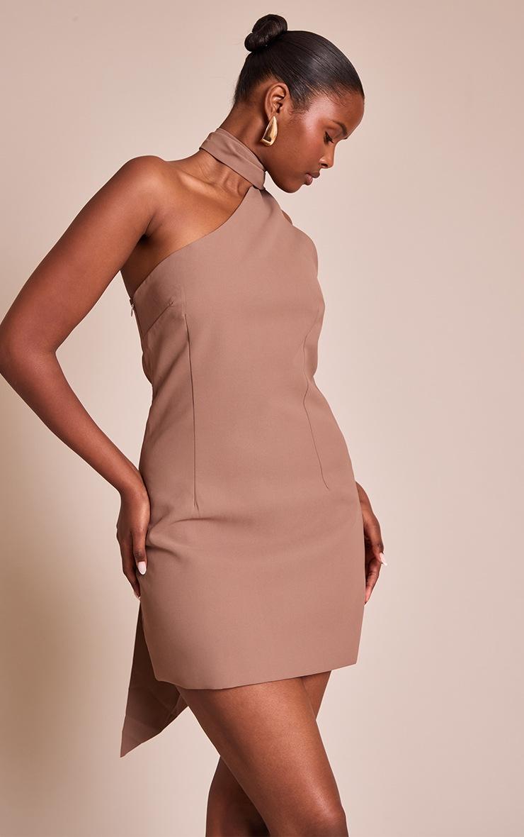 Pretty Little Thing Mocha Woven Asymmetric Scarf Detail Mini Dress