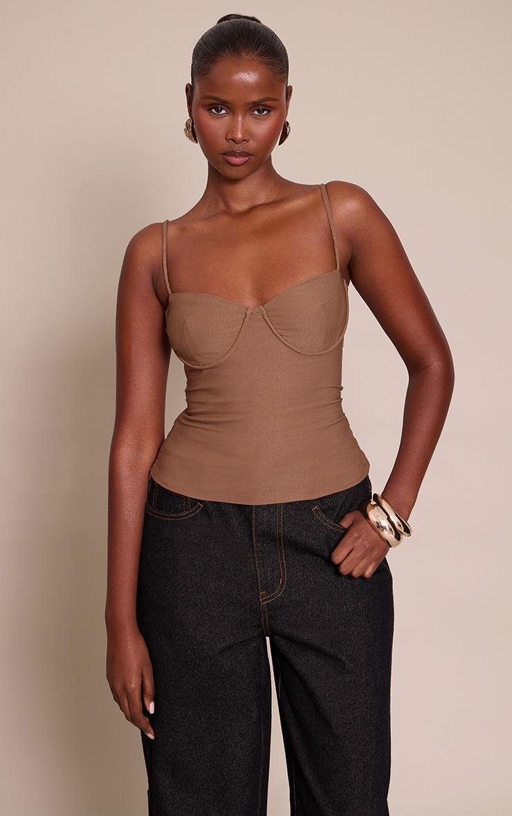 Pretty Little Thing Mocha Woven Stretch Strappy Cami Top