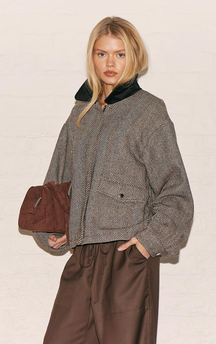 Pretty Little Thing Monochrome Herringbone Contrast Collar Jacket