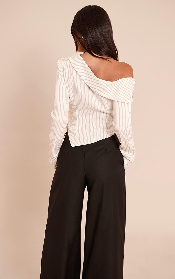 Pretty Little Thing Monochrome Pinstripe Bardot Asymmetric Hem Long Sleeve Shirt