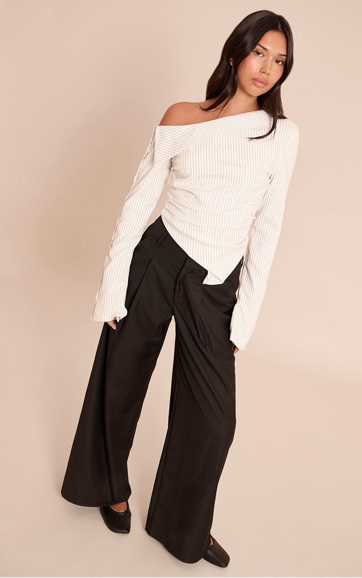 Pretty Little Thing Monochrome Pinstripe Bardot Asymmetric Hem Long Sleeve Shirt