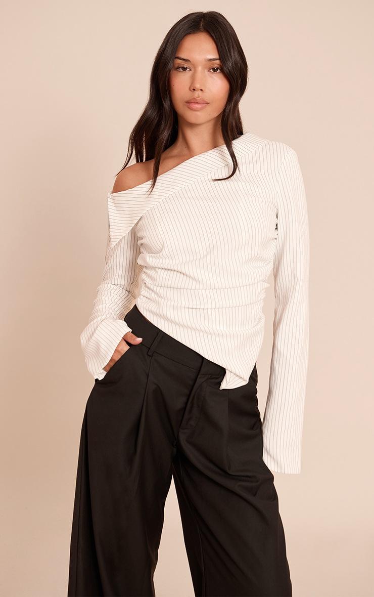 Pretty Little Thing Monochrome Pinstripe Bardot Asymmetric Hem Long Sleeve Shirt