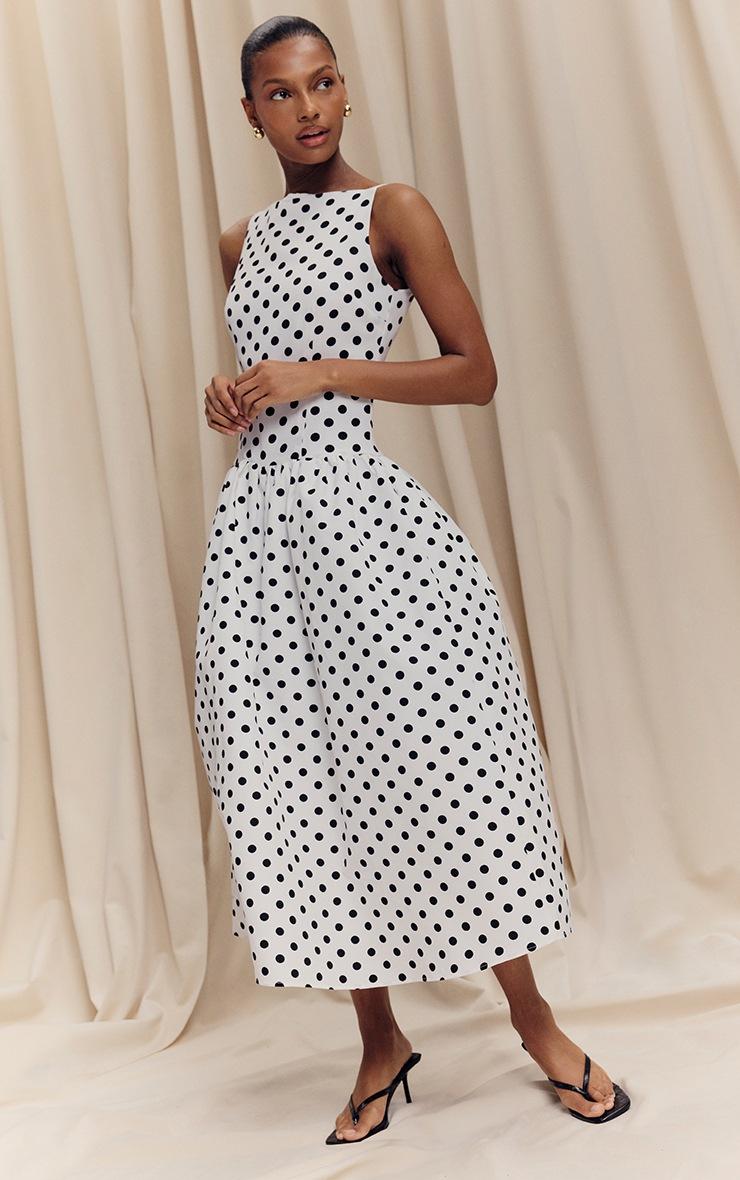 Pretty Little Thing Monochrome Polka Dot Printed Dropped Waist Midaxi Dress