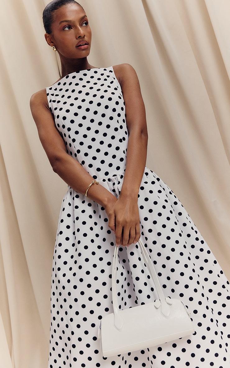 Pretty Little Thing Monochrome Polka Dot Printed Dropped Waist Midaxi Dress
