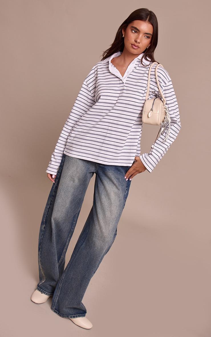 Pretty Little Thing Monochrome Stripe Cotton Polo Collar Long Sleeve Top
