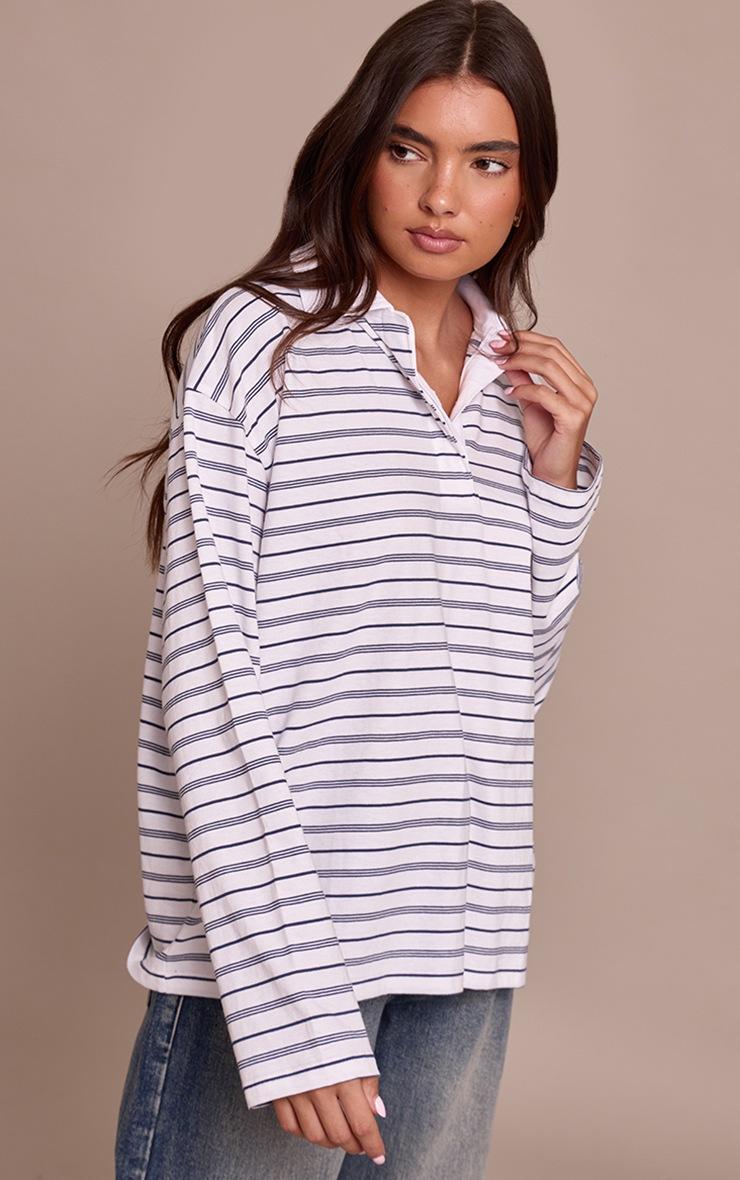 Pretty Little Thing Monochrome Stripe Cotton Polo Collar Long Sleeve Top