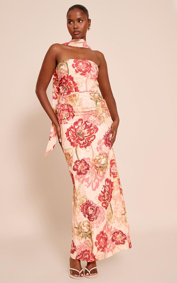 Pretty Little Thing Multi Floral Print Bandeau Scarf Detail Chiffon Maxi Dress
