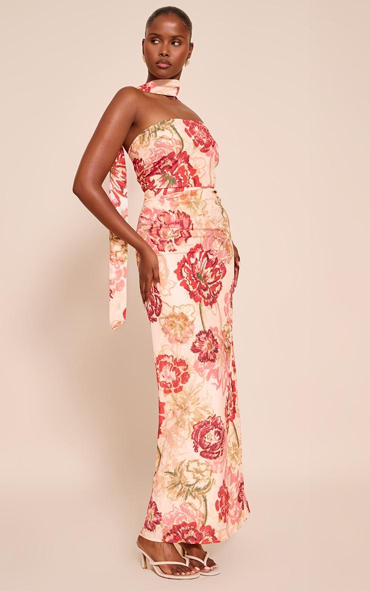 Pretty Little Thing Multi Floral Print Bandeau Scarf Detail Chiffon Maxi Dress