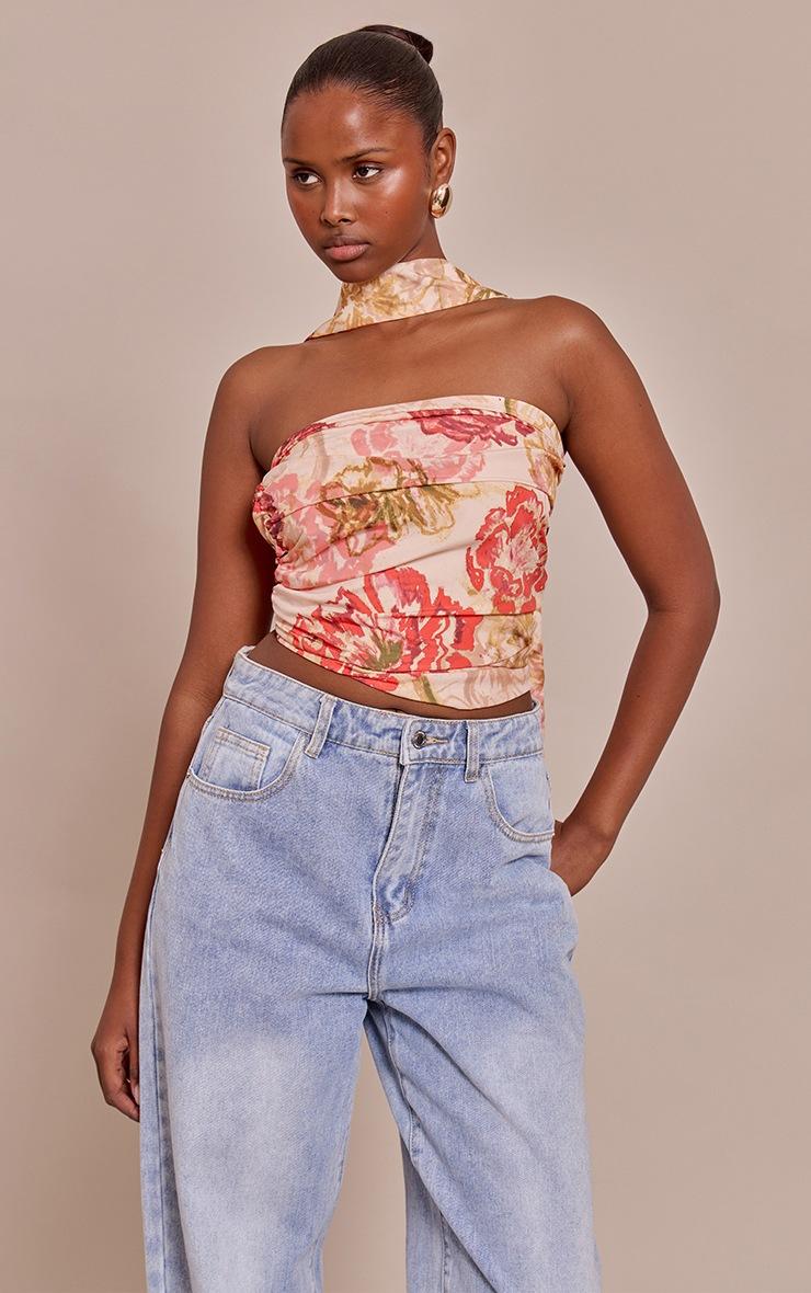 Pretty Little Thing Multi Floral Print Chiffon Bandeau Scarf Detail Top
