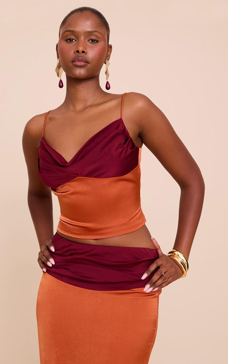 Pretty Little Thing Multi Satin Pleated Contrast Strappy Cami Top