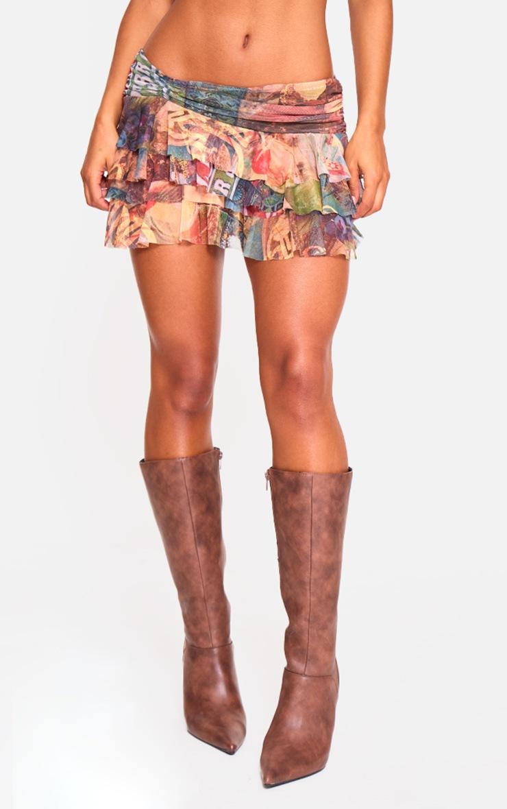 Pretty Little Thing Multi Scenic Collage Printed Mesh Frilly Low Waist Mini Skirt