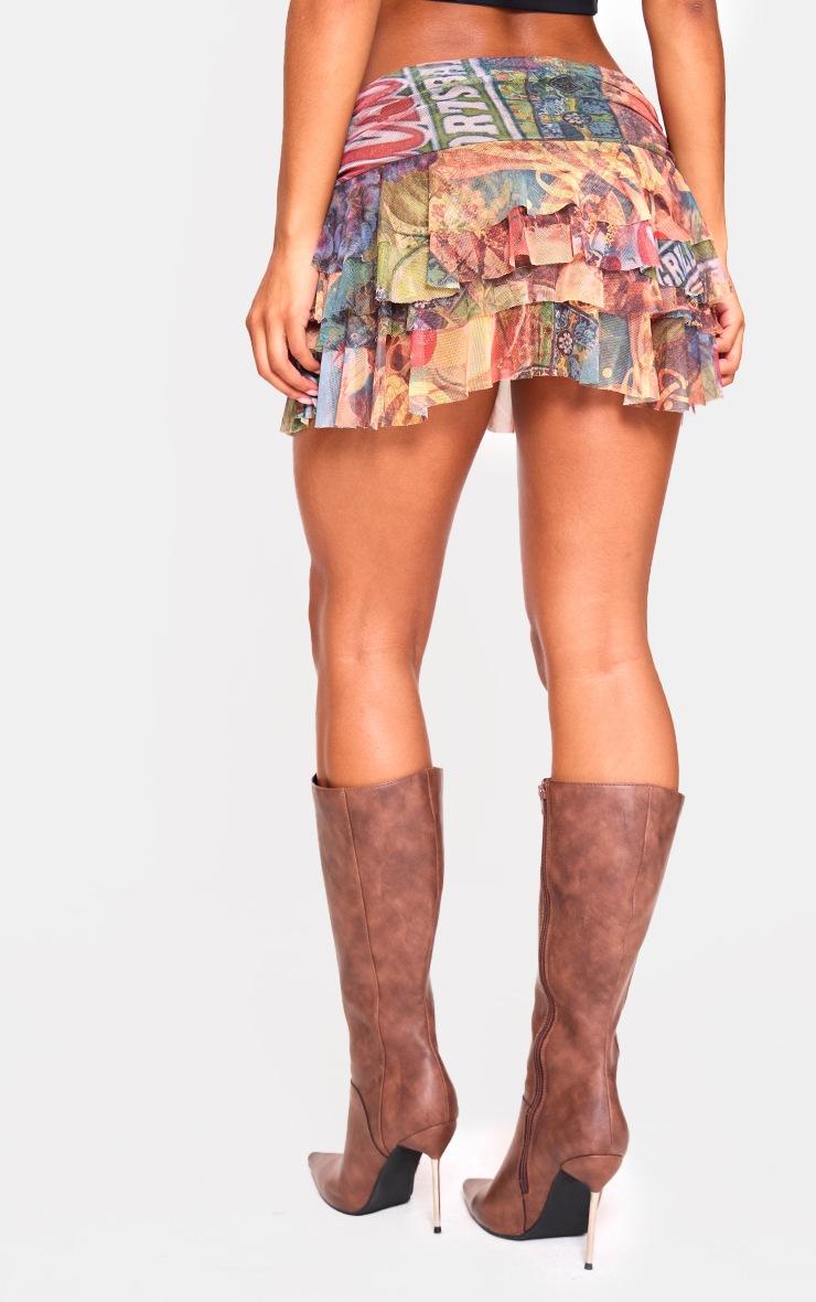 Pretty Little Thing Multi Scenic Collage Printed Mesh Frilly Low Waist Mini Skirt