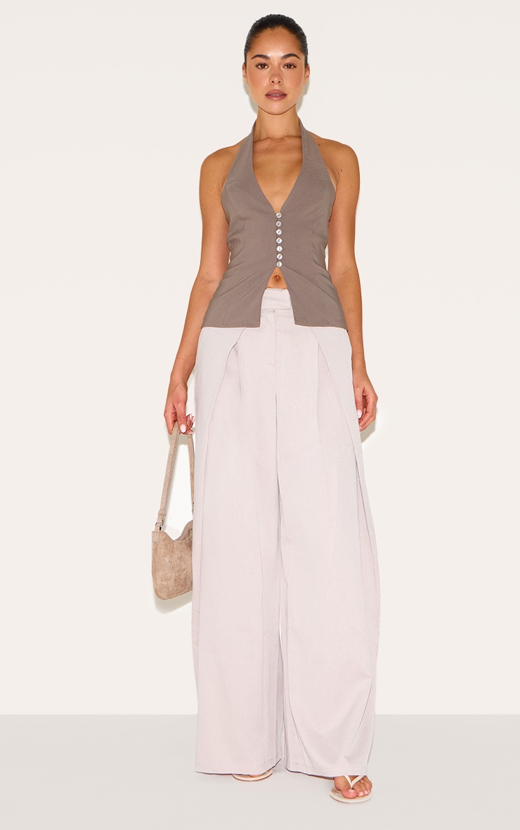 Pretty Little Thing Mushroom Bengaline Button Up Halterneck Long Top