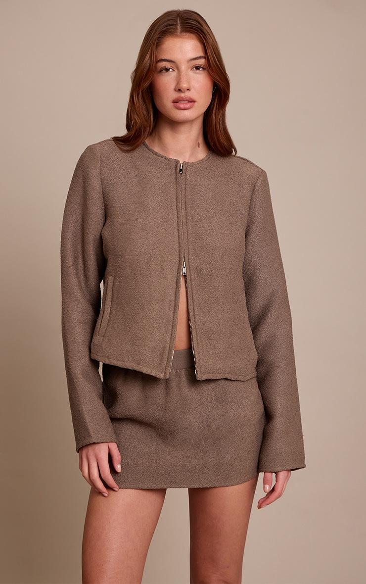 Pretty Little Thing Mushroom Boucle Zip Up Bomber Jacket