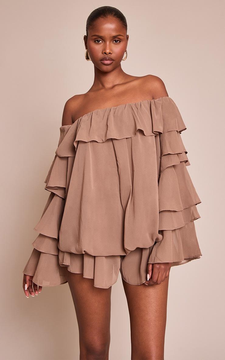 Pretty Little Thing Mushroom Chiffon Frill Detail Long Sleeve Romper