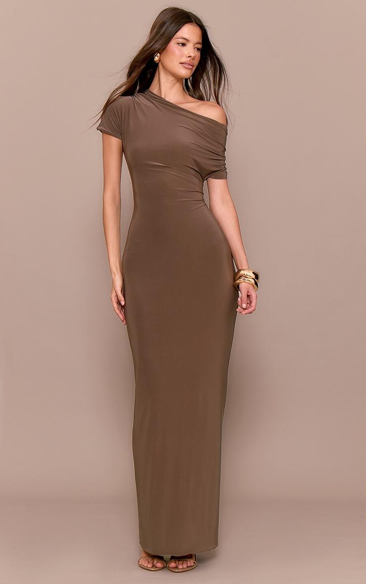 Pretty Little Thing Mushroom Double Layer Slinky Asymmetric Ruched Sleeve Maxi Dress