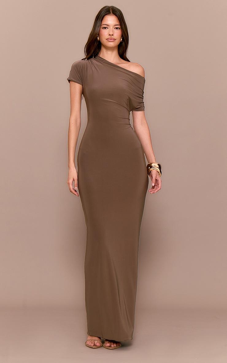 Pretty Little Thing Mushroom Double Layer Slinky Asymmetric Ruched Sleeve Maxi Dress