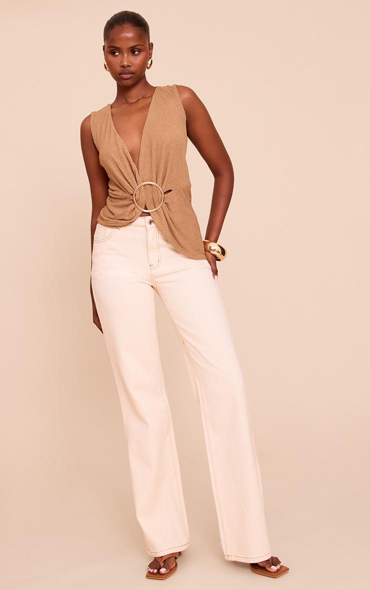 Pretty Little Thing Mushroom Ribbed Onion Skin Trim Detail Plunge Top