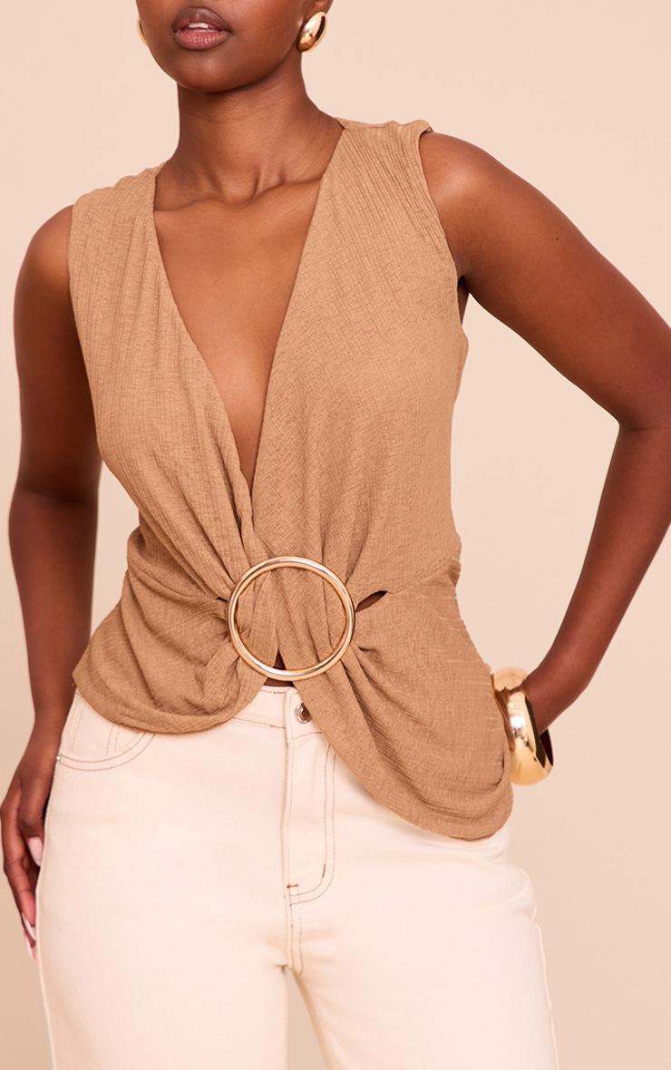Pretty Little Thing Mushroom Ribbed Onion Skin Trim Detail Plunge Top