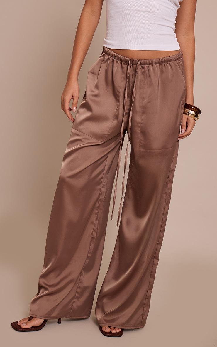 Pretty Little Thing Mushroom Satin Low Rise Wide Leg Drawstring Pants