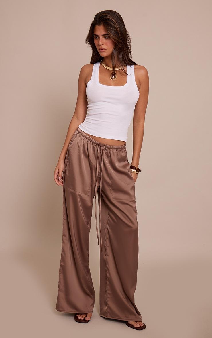 Pretty Little Thing Mushroom Satin Low Rise Wide Leg Drawstring Pants